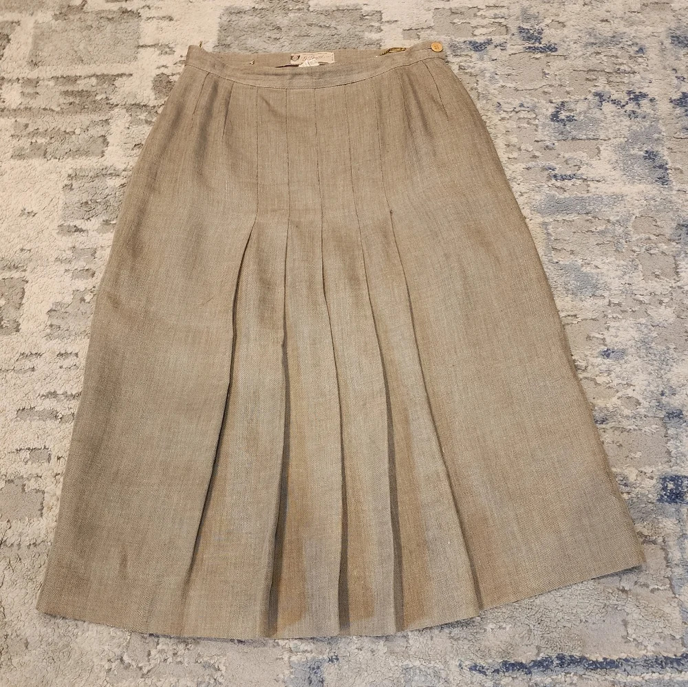 Vtg GUCCI 100% Linen Beige Pleated Midi‎ Skirt Size 44 XS Small